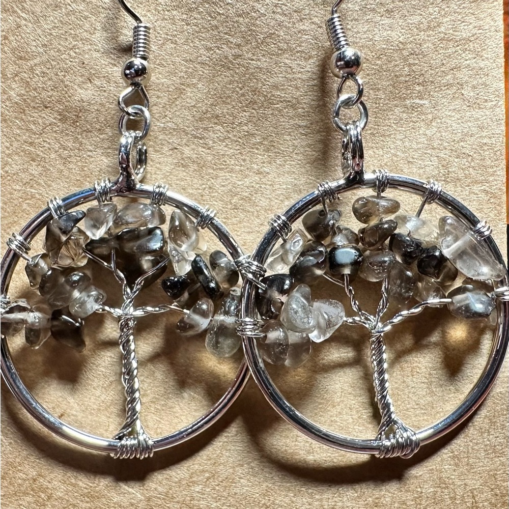 Smokey Topaz Chip Tree Of life Earrings.Stainless steel fish hook ear wires.